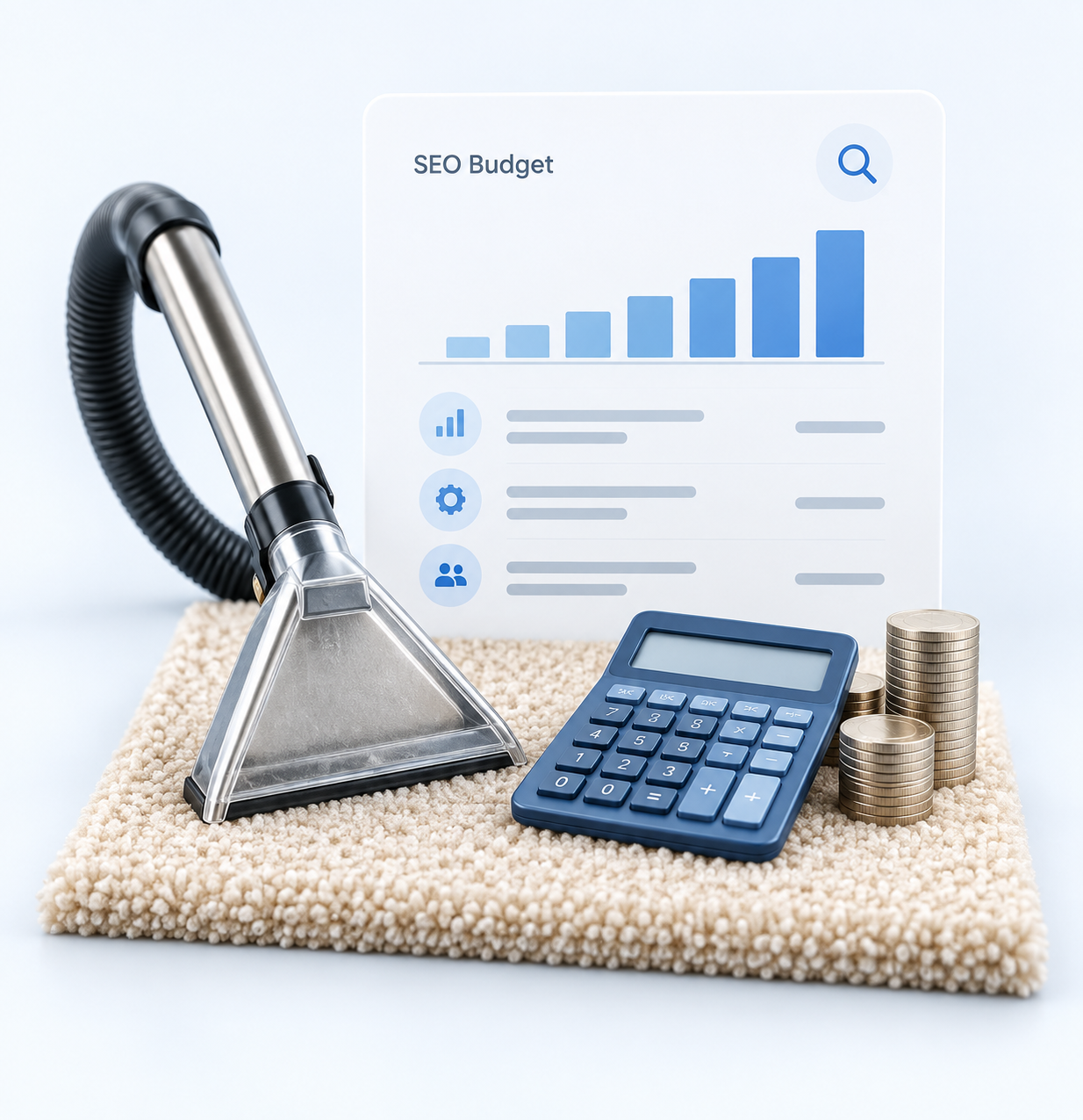 A carpet cleaning wand beside a calculator, coins and an SEO budget chart