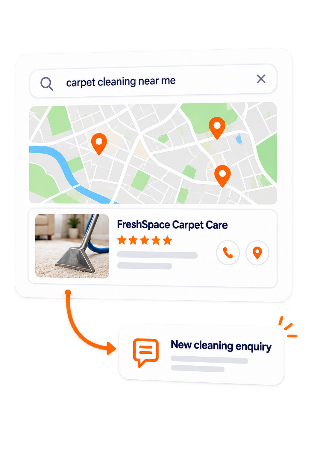 A “carpet cleaning near me” map result turning into a new cleaning enquiry