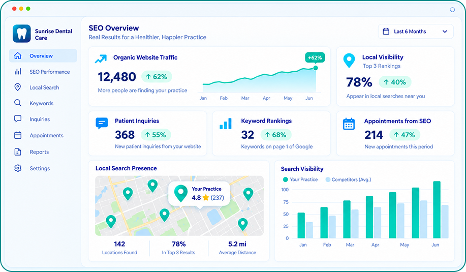 A dental practice SEO dashboard showing organic traffic, patient inquiries, keyword rankings and local search presence