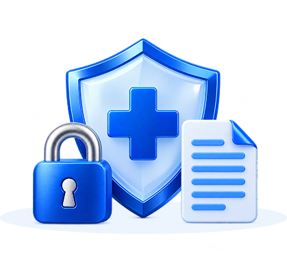 A shield with a medical cross, a padlock and a document — protected health information