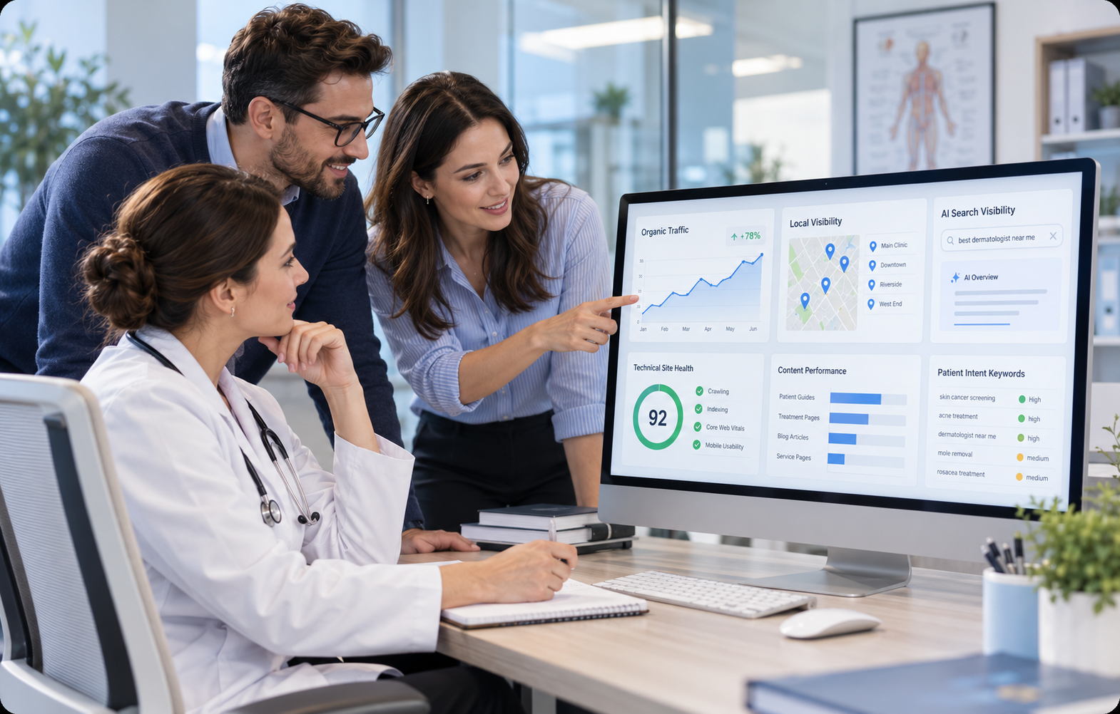 A doctor and the iApp SEO team reviewing local visibility and search reports together